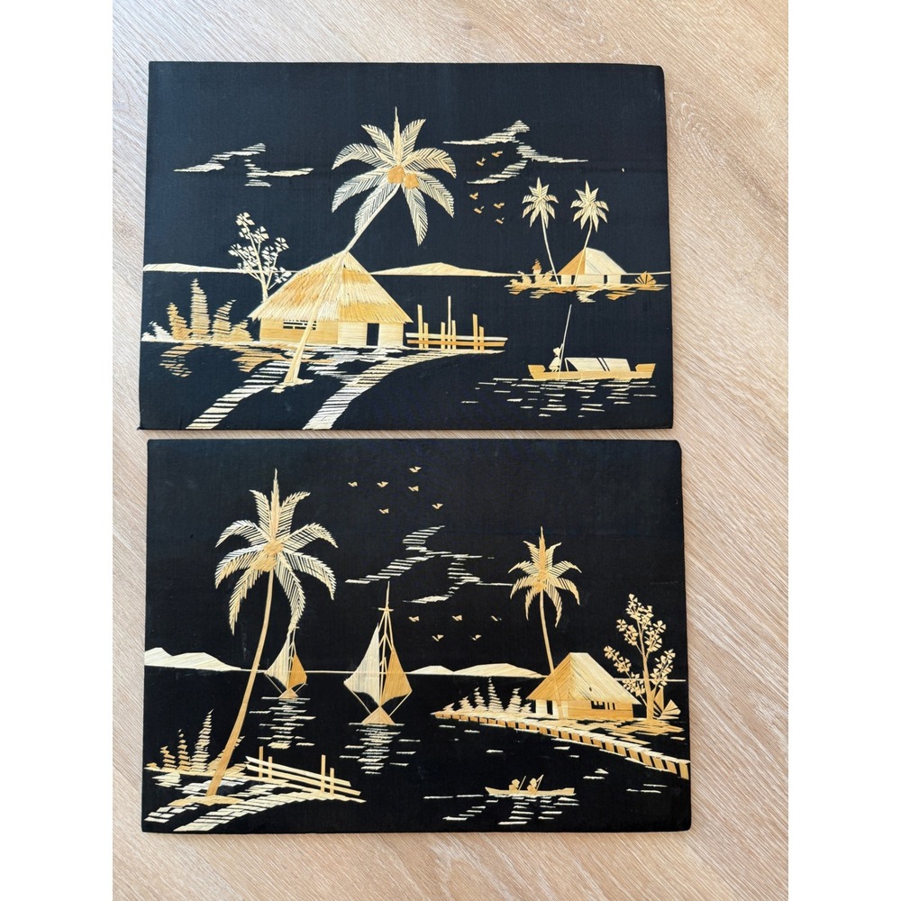 Vintage 60s Set of 2 Bamboo Straw Rice Art Tropical Hut Sailboat Wall Decor